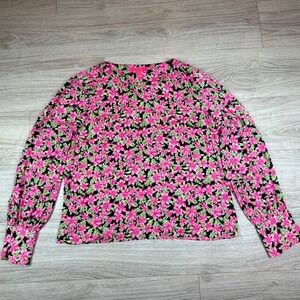 Lilly Pulitzer Lambert Top Onyx Lil Lilly Floral Blouson Sleeves Boat Neck S L
